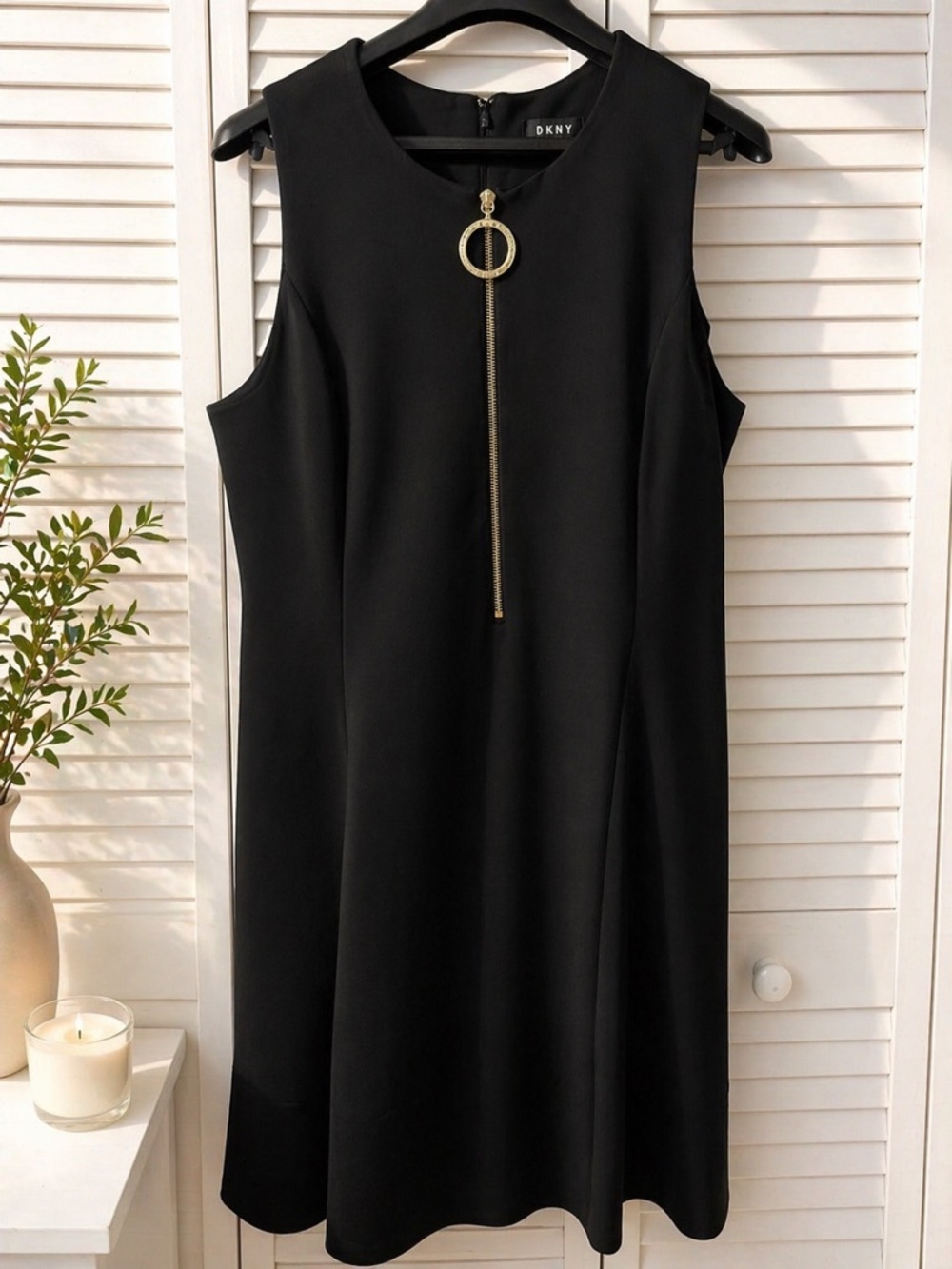 DKNY Black Sleeveless Midi Dress with Gold Ring Zip